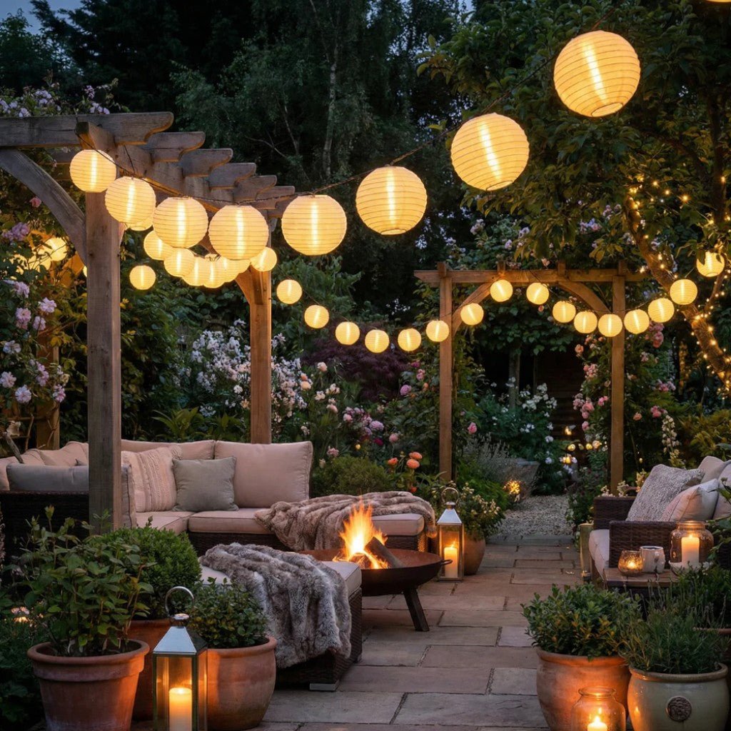 White lantern string lights glowing over a pergola, garden lounge and fire pit in the evening