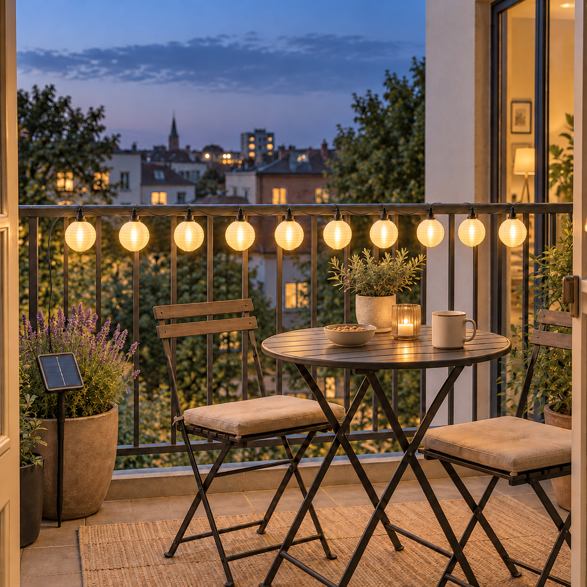 Ten white fabric lanterns glowing warm gold along a balcony rail beside a small bistro table in the evening