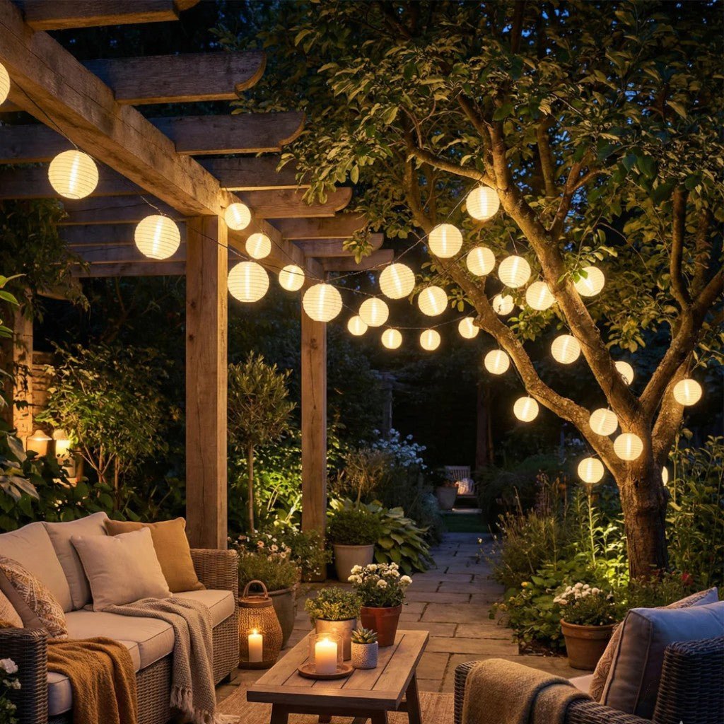 White solar lanterns strung from a pergola into a tree over an outdoor sofa at dusk
