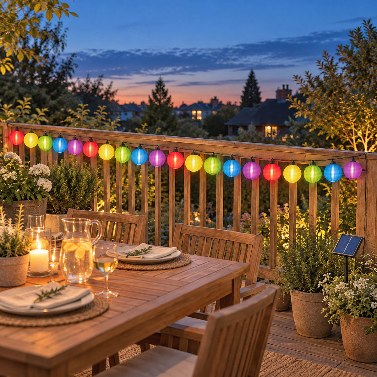 Multicolor fabric lanterns in red, yellow, green, blue and purple glowing along a deck rail at dusk above a set outdoor table