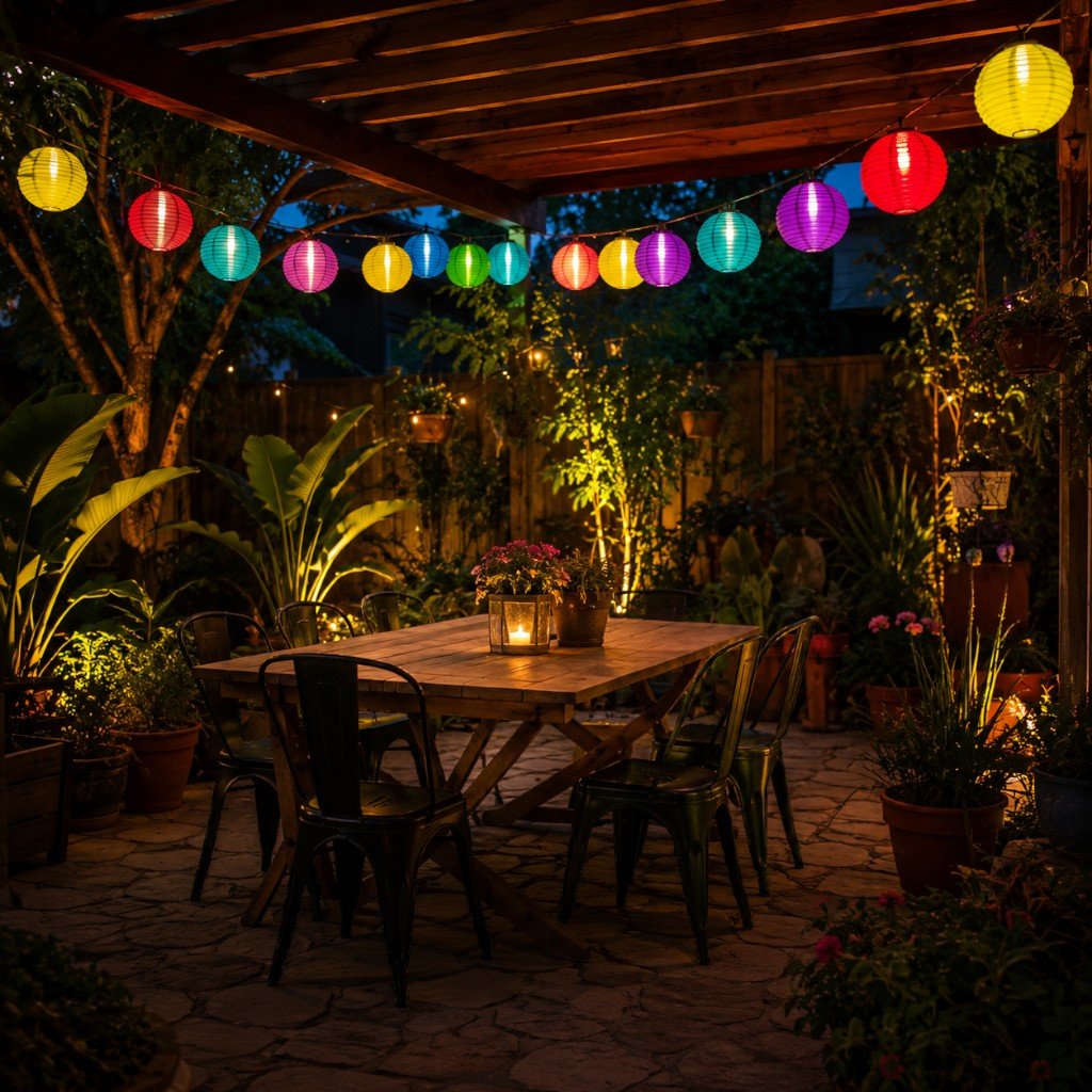 Multicolor lantern string lights hanging under a pergola above an outdoor dining table at night