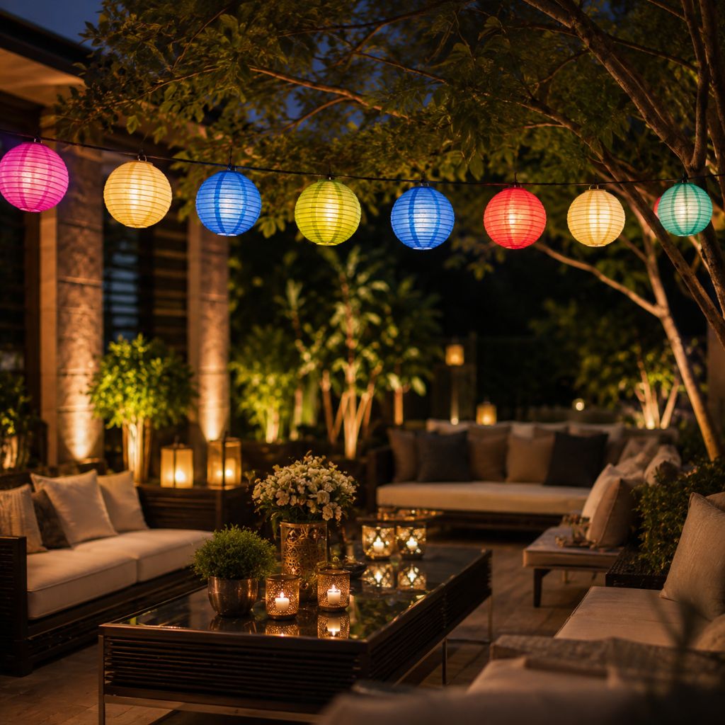 Multicolor lanterns lit across a patio lounge with candles and garden lights at night