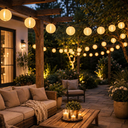 White lantern string lights glowing across a covered patio and garden seating at night