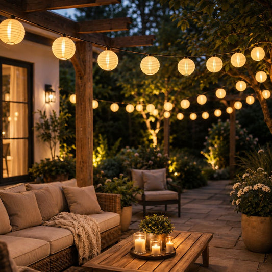 White lantern string lights glowing across a covered patio and garden seating at night