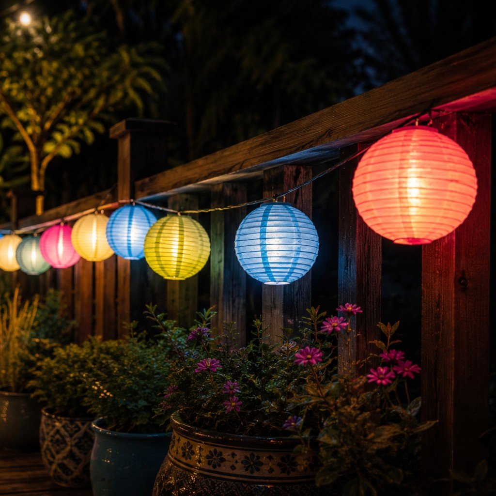 Multicolor fabric lanterns lit along a dark wooden fence above potted flowers