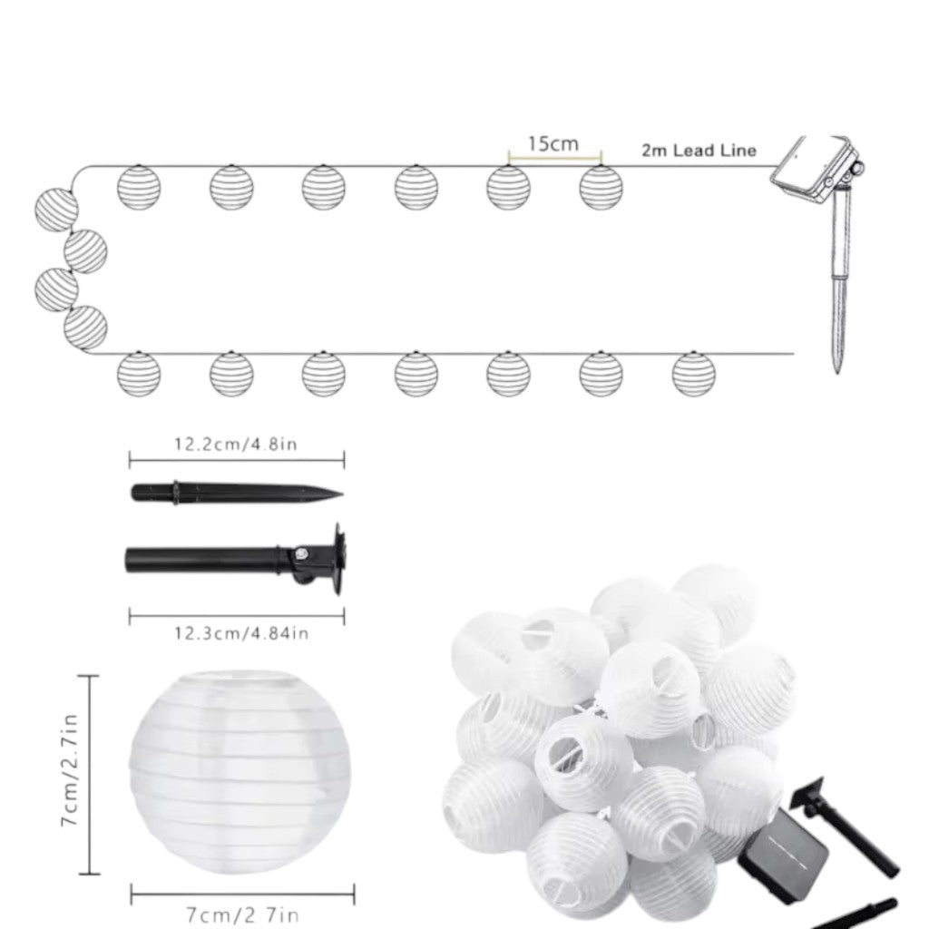 Diagram of the lantern string with 15 cm spacing, 2 meter lead line, solar panel on its stake, ground stakes and a 7 cm lantern