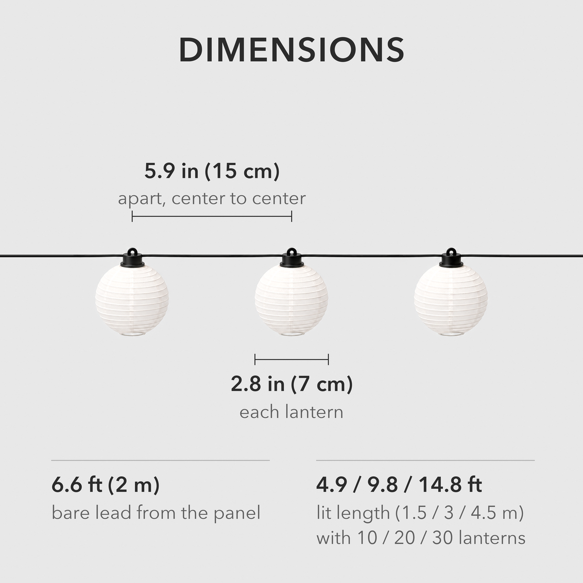Dimensions card showing three white fabric lanterns, each 2.8 inches across, spaced 5.9 inches apart, with the 6.6 foot lead wire