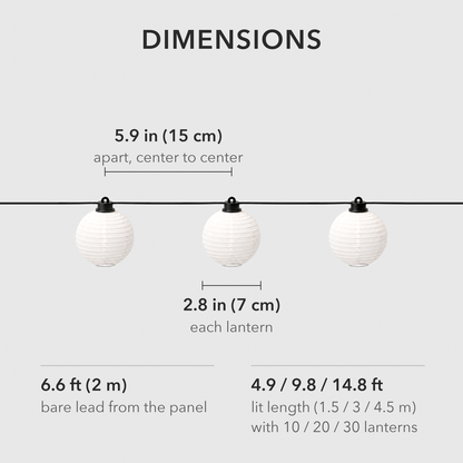 Dimensions card showing three white fabric lanterns, each 2.8 inches across, spaced 5.9 inches apart, with the 6.6 foot lead wire