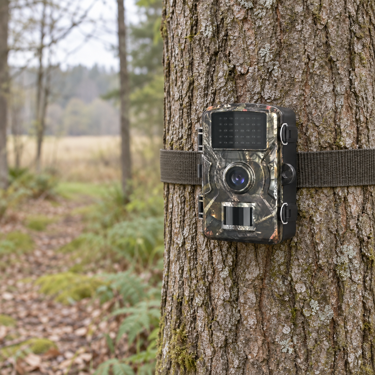Camouflage wildlife trail camera strapped to a young tree at the edge of a woodland clearing in daylight