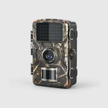 Wildlife trail camera with tree bark camouflage, infrared panel, lens and motion sensor, on a light gray background
