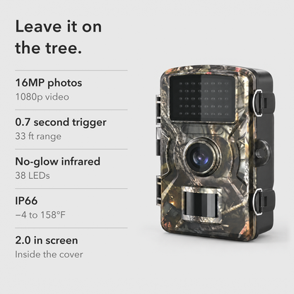 Trail camera beside its key specs: 16MP photos, 1080p video, 0.7 second trigger, no-glow infrared and IP66