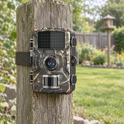 Trail camera strapped to a wooden fence post overlooking a backyard lawn and bird feeder