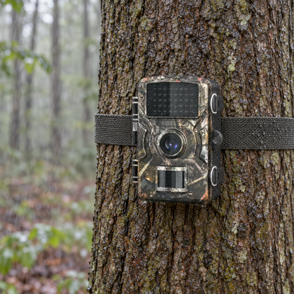 Rain beading on a camouflage trail camera strapped to a wet tree trunk