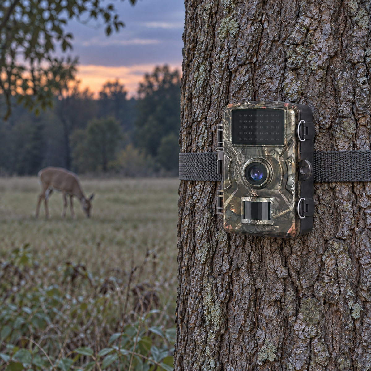 Trail camera on a tree at dusk with a deer grazing in the clearing behind it