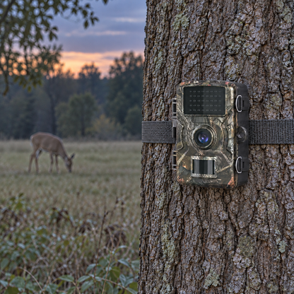 Trail camera on a tree at dusk with a deer grazing in the clearing behind it