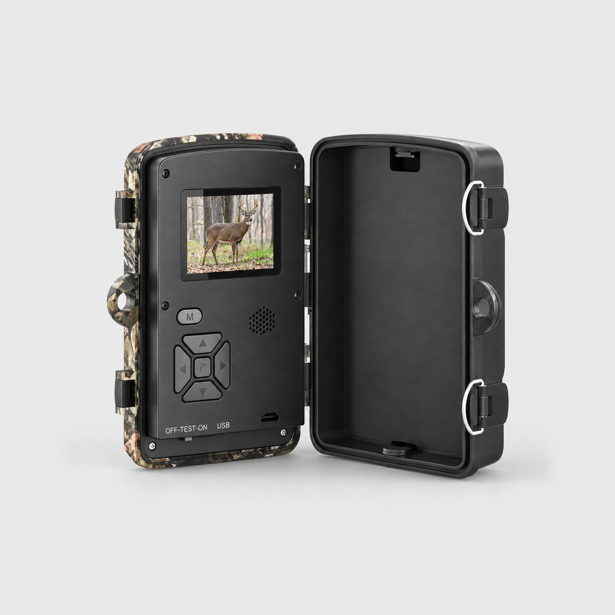 Trail camera opened to show its 2 inch color screen, menu buttons and speaker