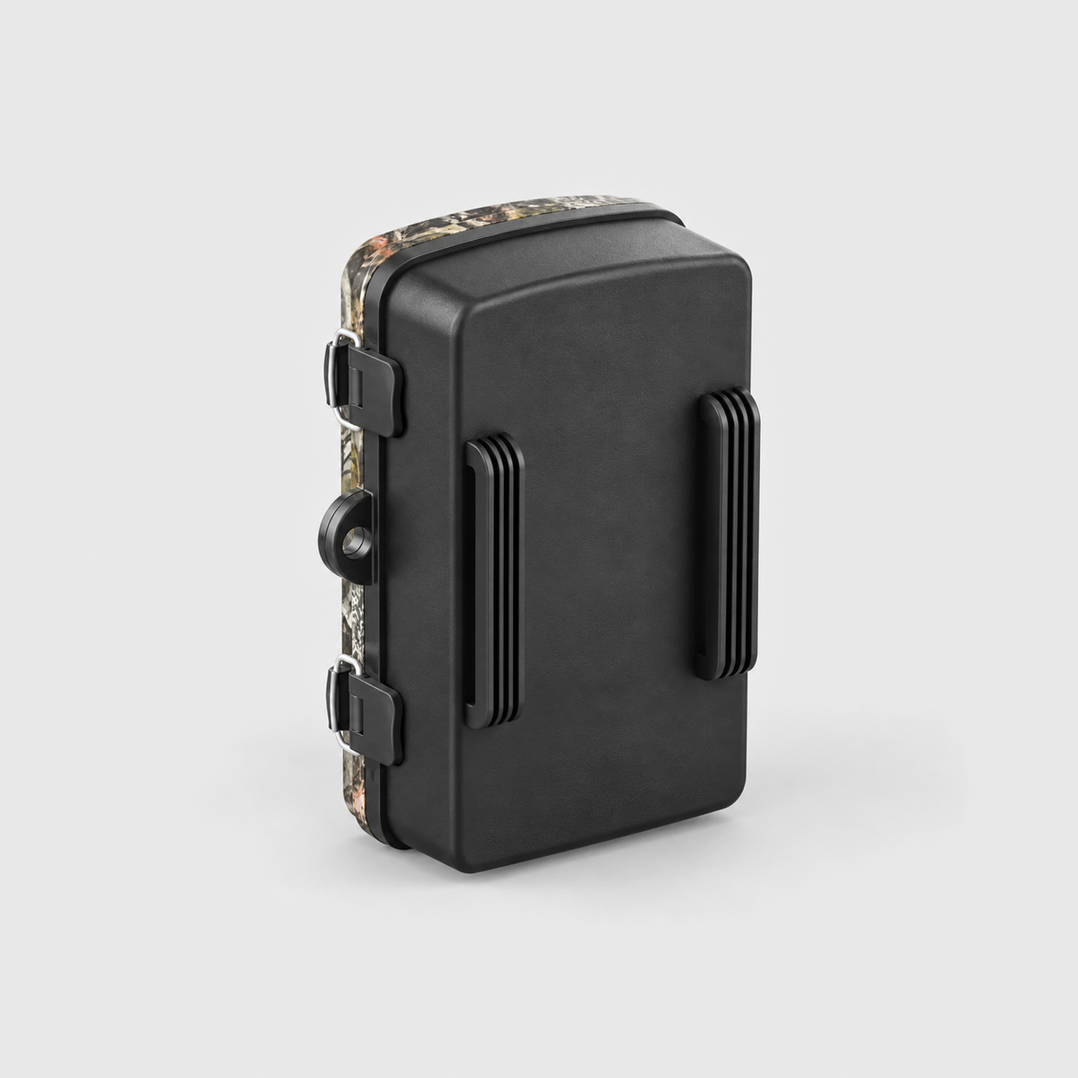 Back of the trail camera with two ribbed channels for the mounting strap