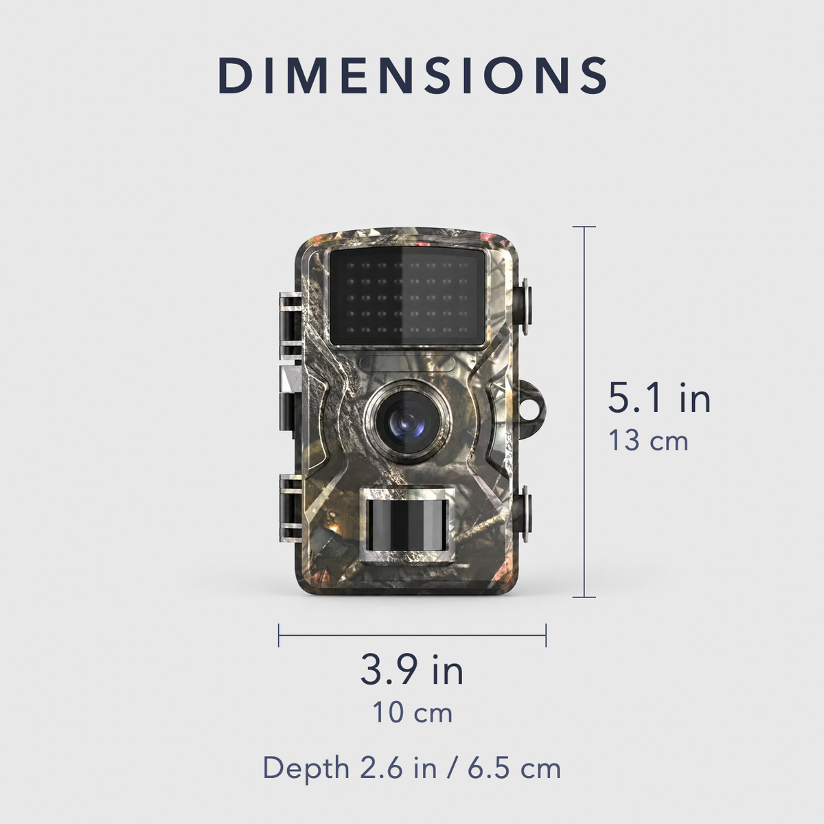 Trail camera dimensions: 3.9 inches wide, 5.1 inches tall, 2.6 inches deep