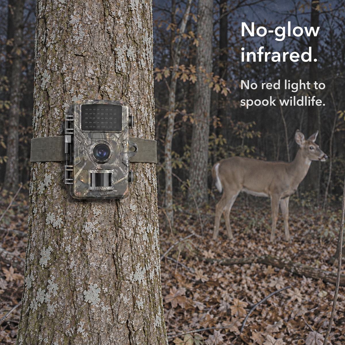 Card reading No-glow infrared: trail camera strapped to a tree at dusk with its infrared panel dark and a deer standing calmly beyond it