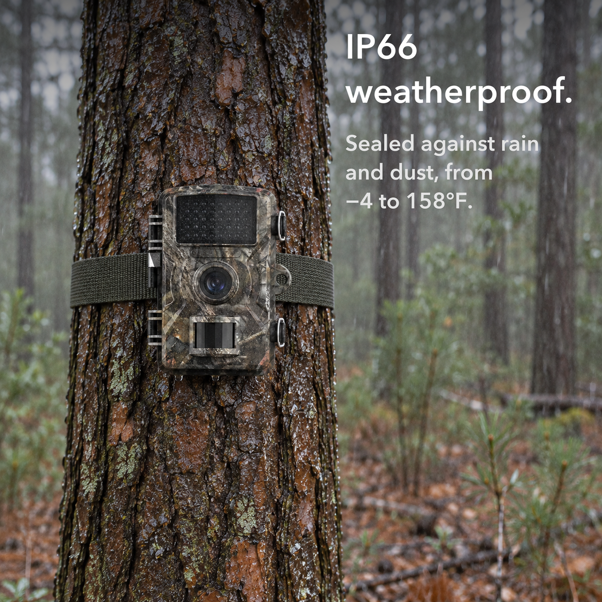 Card reading IP66 weatherproof: trail camera strapped to a wet pine trunk in the rain, water beading on its camouflage