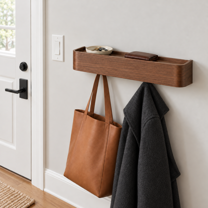 Walnut wall shelf with hooks in an entry hall, keys in the tray, a coat and a tote hanging below