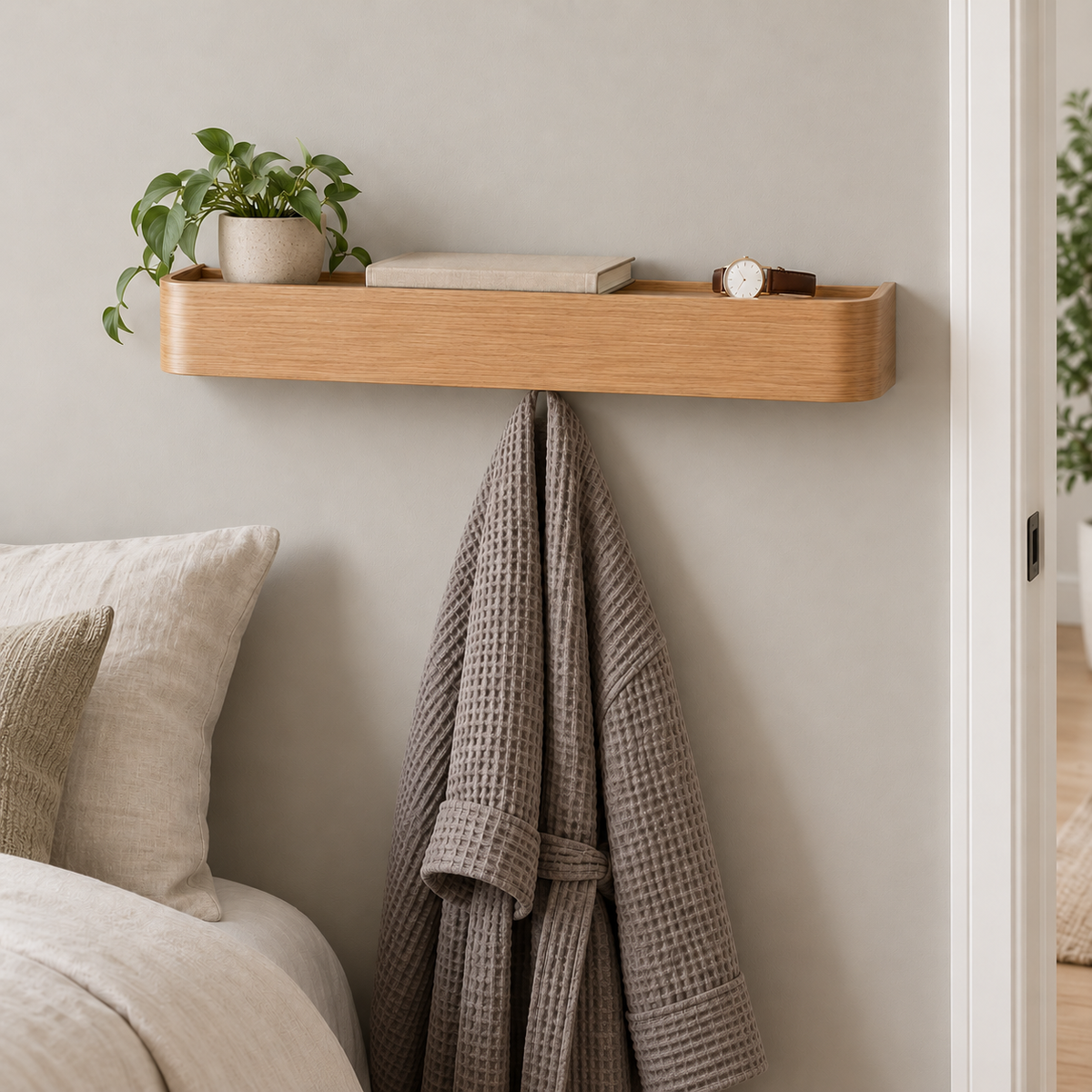 Natural wood wall coat rack in a bedroom with a plant and a book on the shelf and a robe on a hook