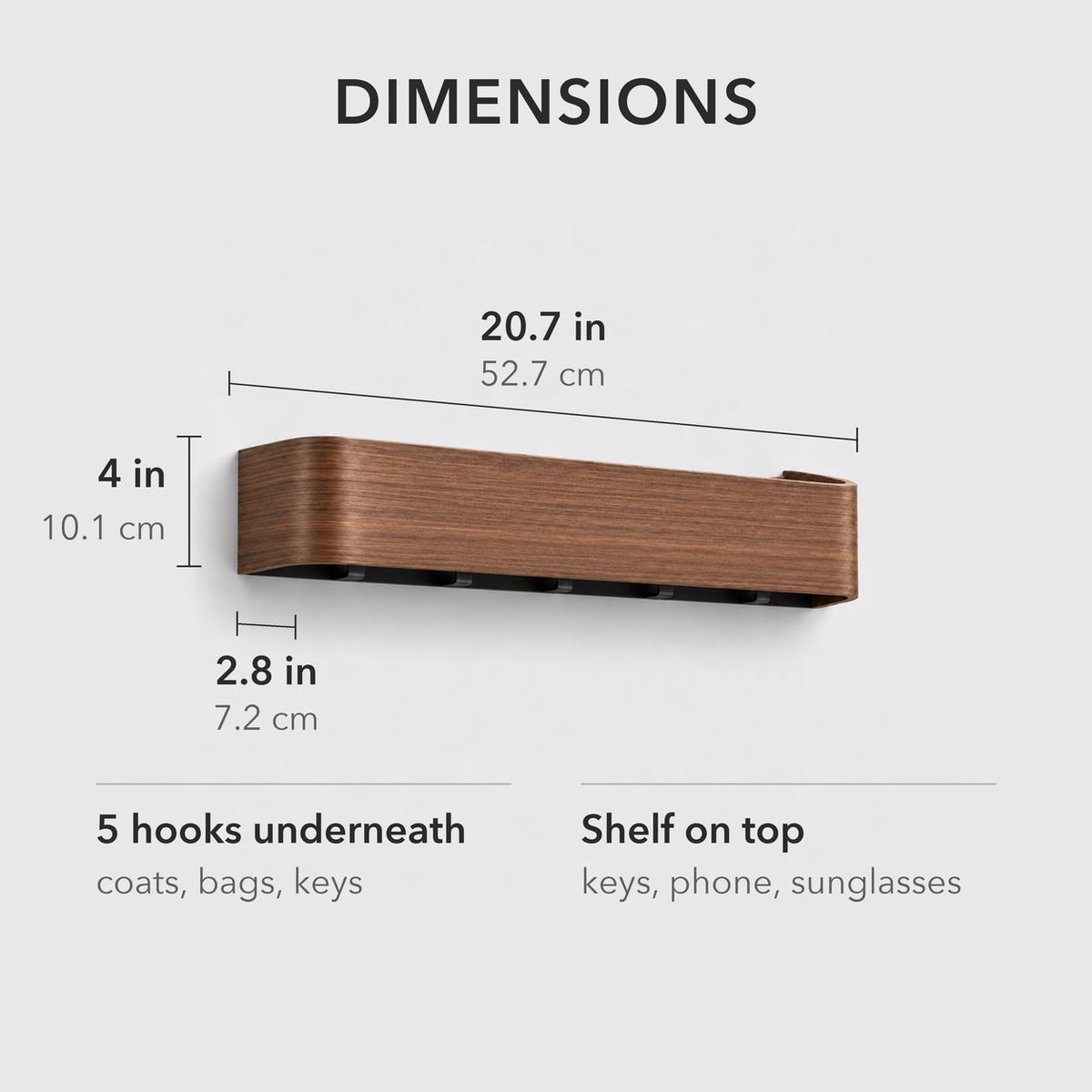 Dimensions of the walnut wall coat rack: 20.7 in long, 4 in tall, 2.8 in deep, with five hooks underneath and a shelf on top