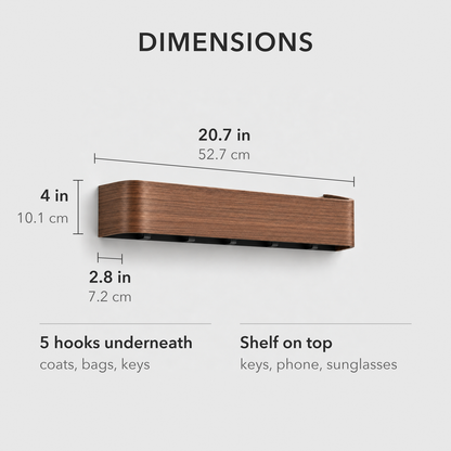 Dimensions of the walnut wall coat rack: 20.7 in long, 4 in tall, 2.8 in deep, with five hooks underneath and a shelf on top