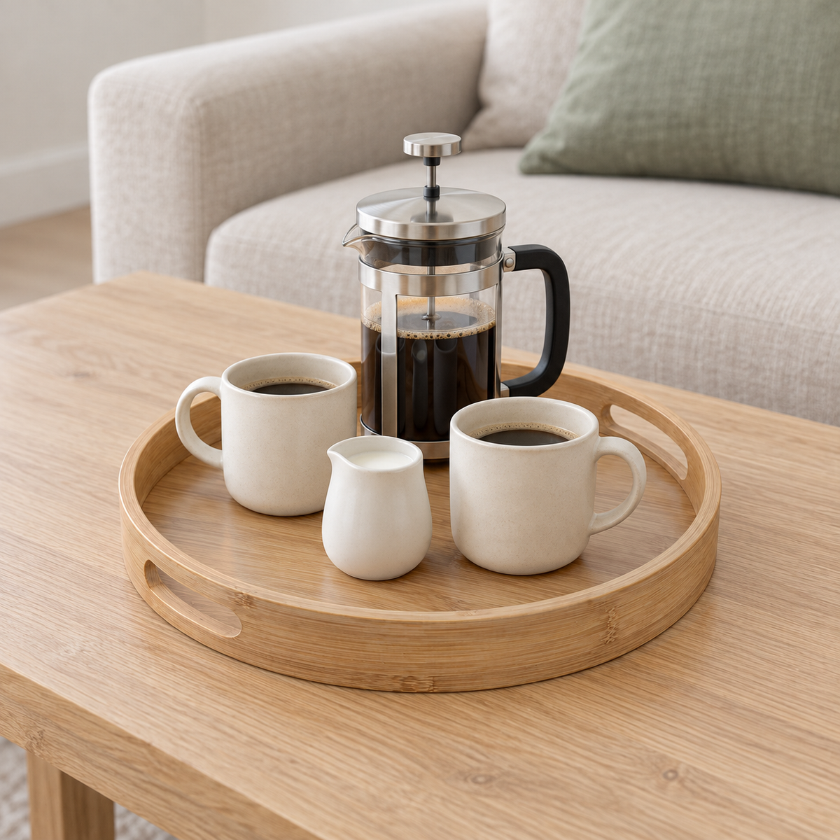 Round bamboo serving tray holding a French press, two mugs and a small milk jug on an oak coffee table