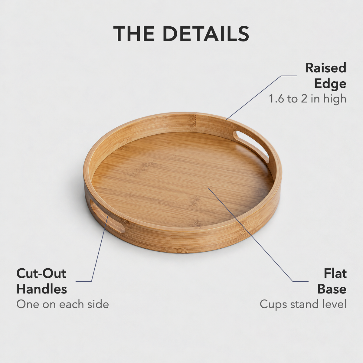 Round bamboo tray with labels for its two cut-out handles, raised edge and flat base