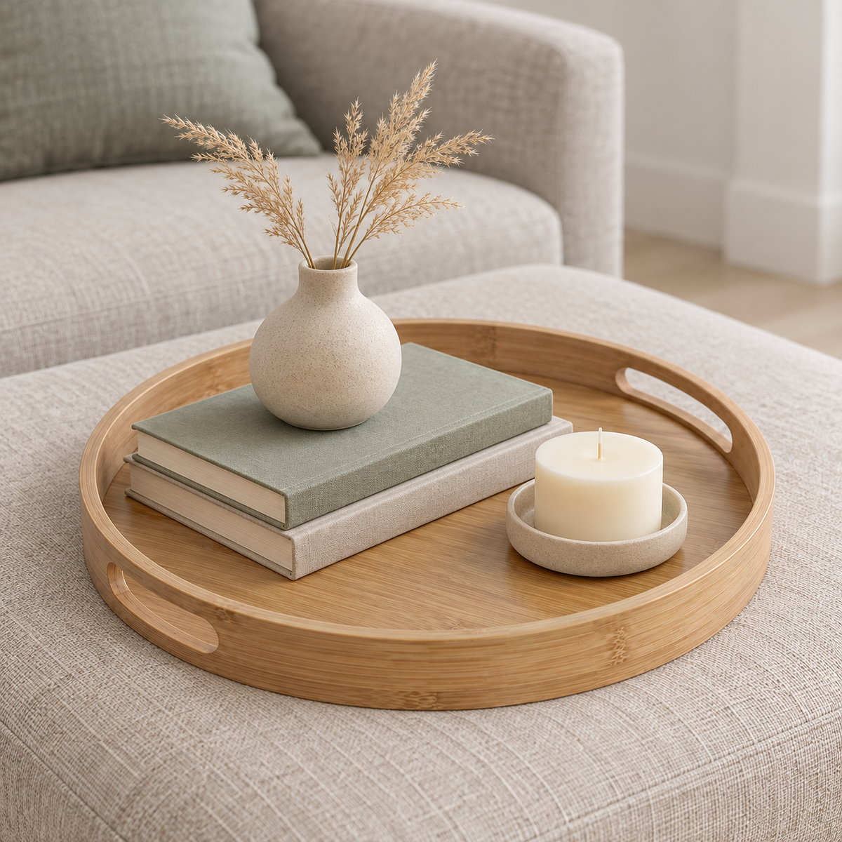 Extra large round bamboo tray on a linen ottoman holding two hardback books, a candle and a small vase
