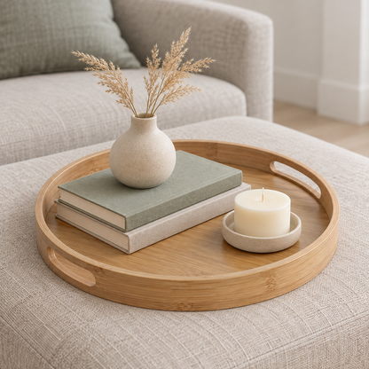 Extra large round bamboo tray on a linen ottoman holding two hardback books, a candle and a small vase