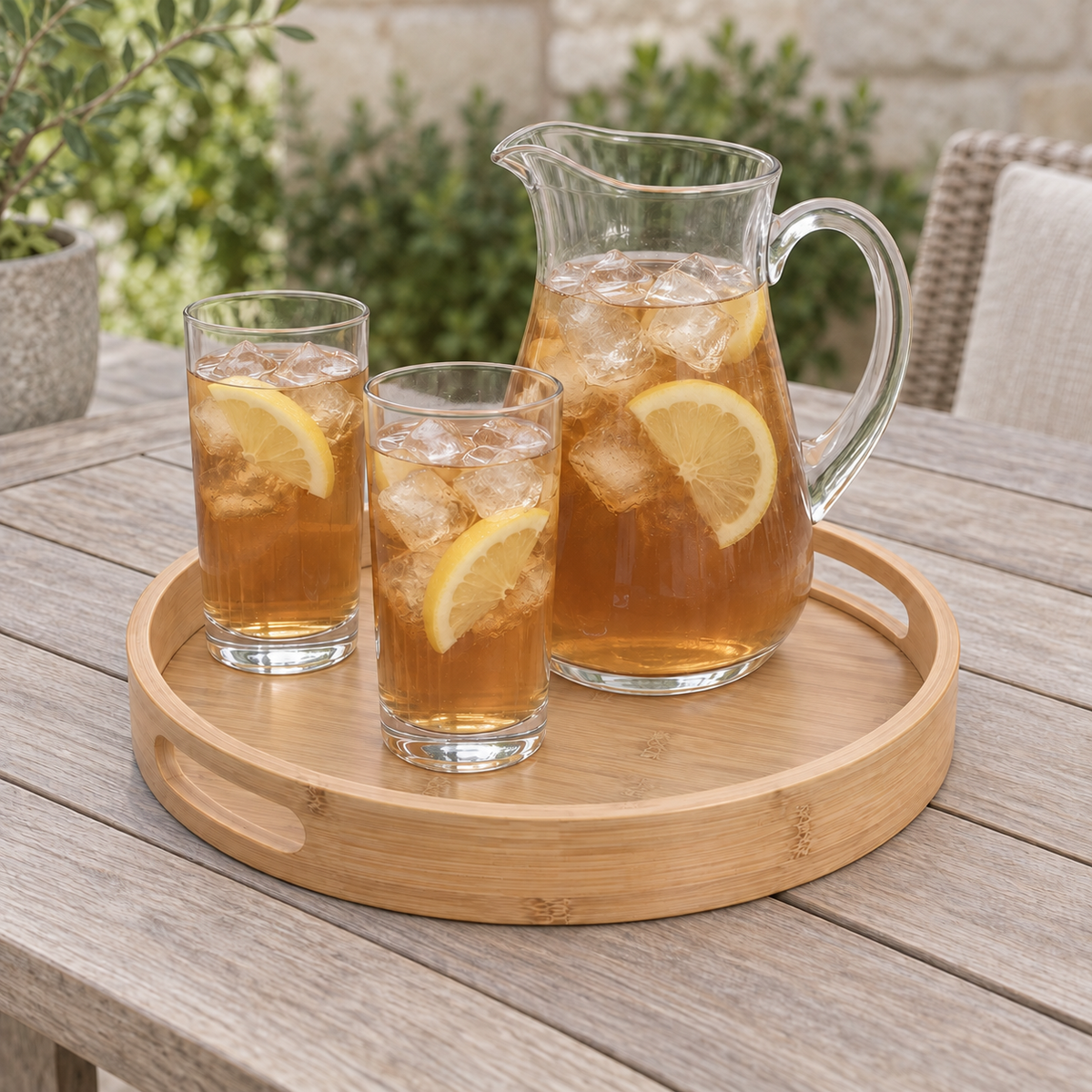 Round bamboo tray carrying a glass pitcher of iced tea and two tall glasses on an outdoor table