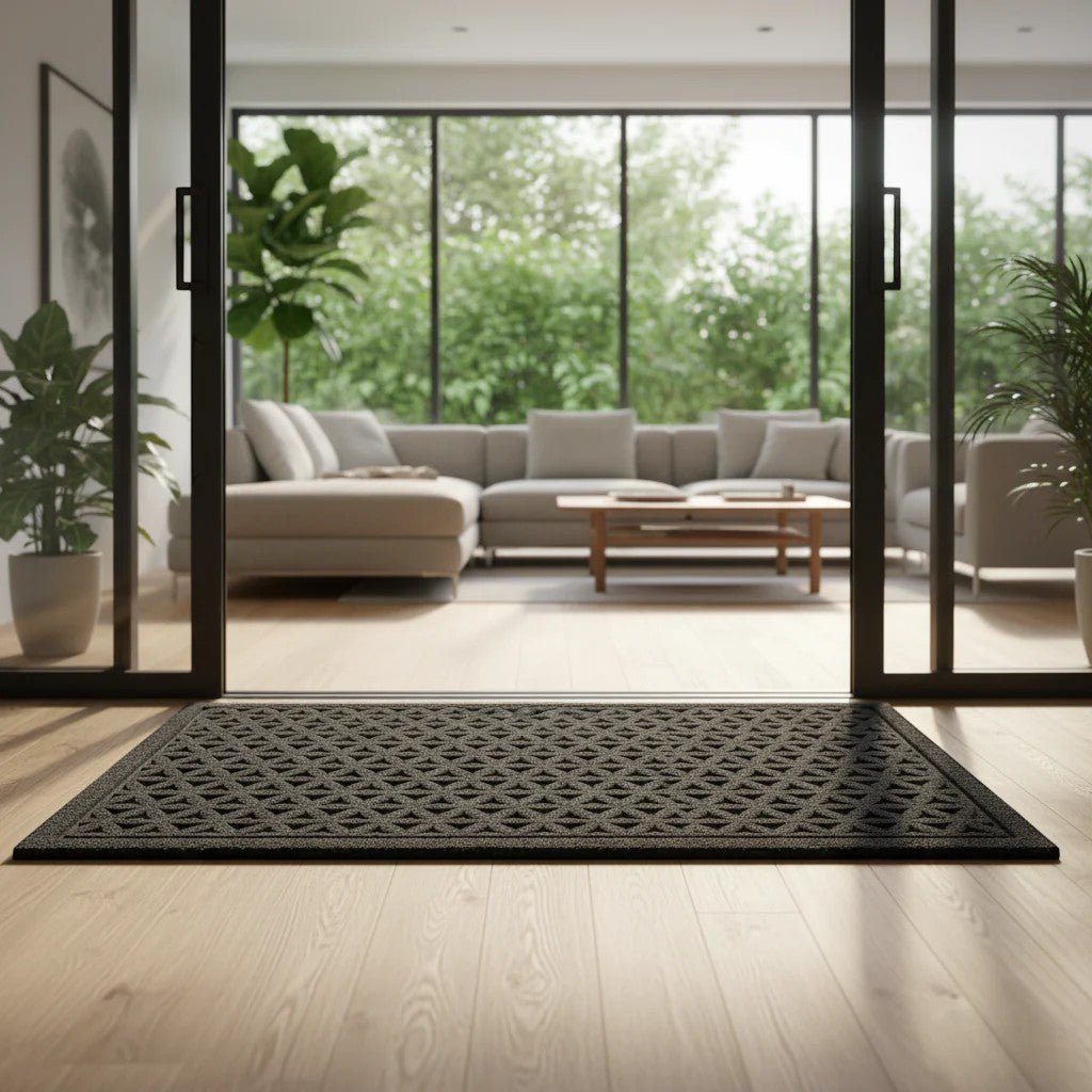 Black grooved doormat with a raised lattice pattern at a sliding glass door into a living room