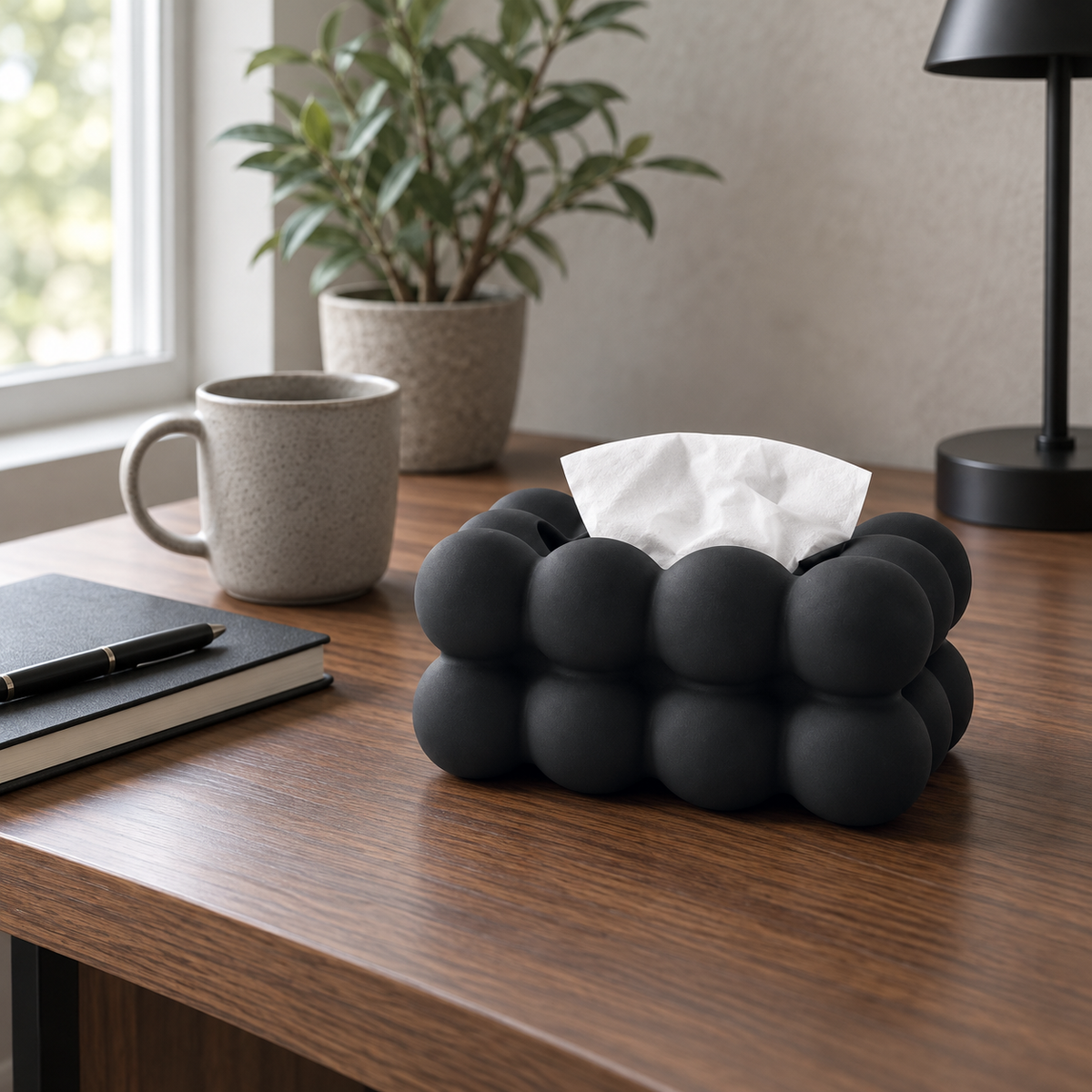 Black bubble tissue box cover on a walnut desk beside a coffee mug in a daylit home office