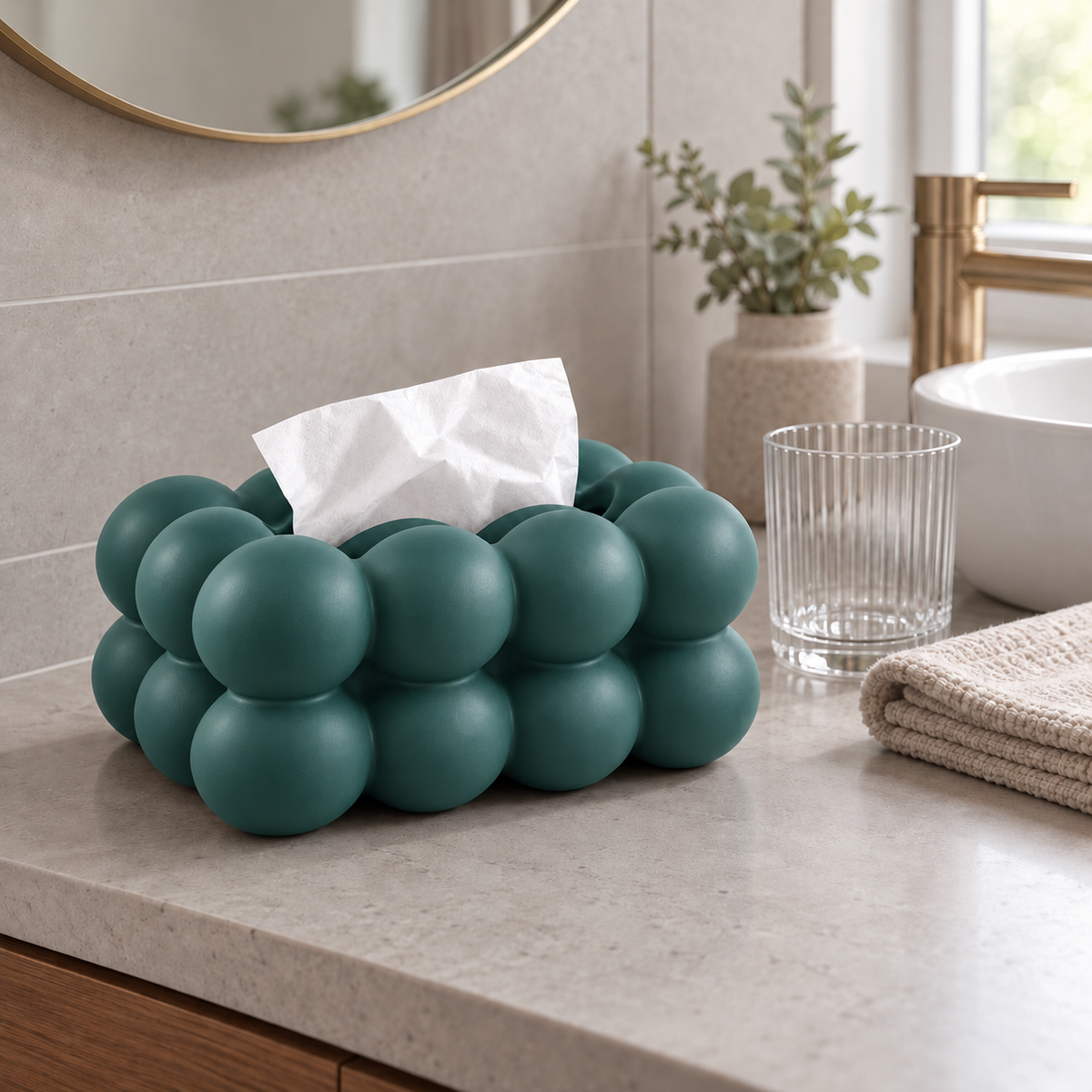 Teal bubble tissue box cover on a stone bathroom counter beside a folded hand towel