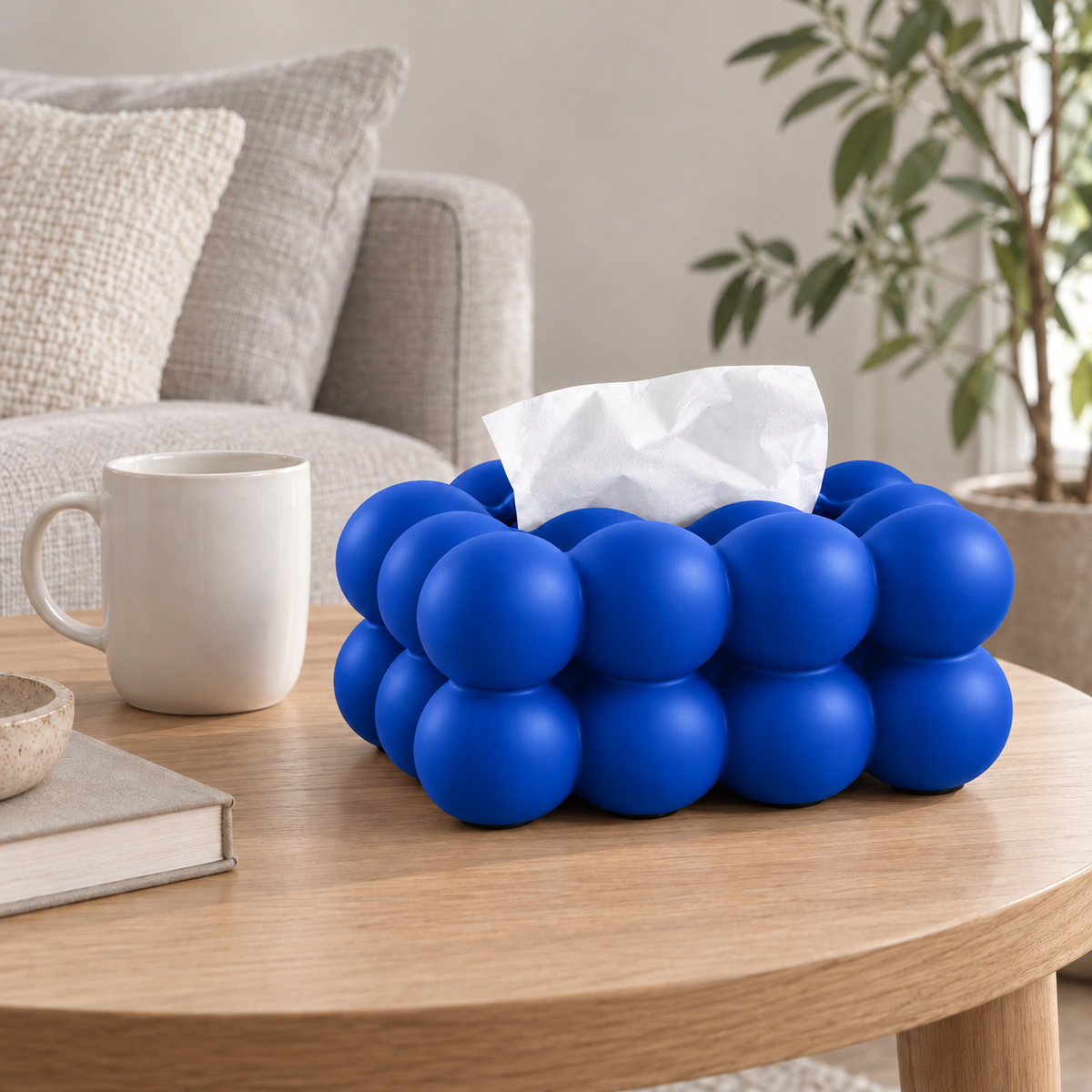 Blue bubble tissue box cover on a round oak side table beside a linen sofa