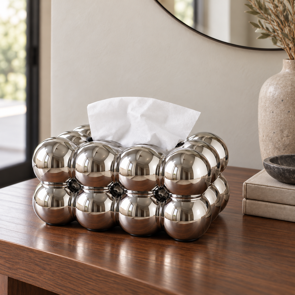 Silver bubble tissue box cover with a mirror finish on a walnut console in an entrance hall