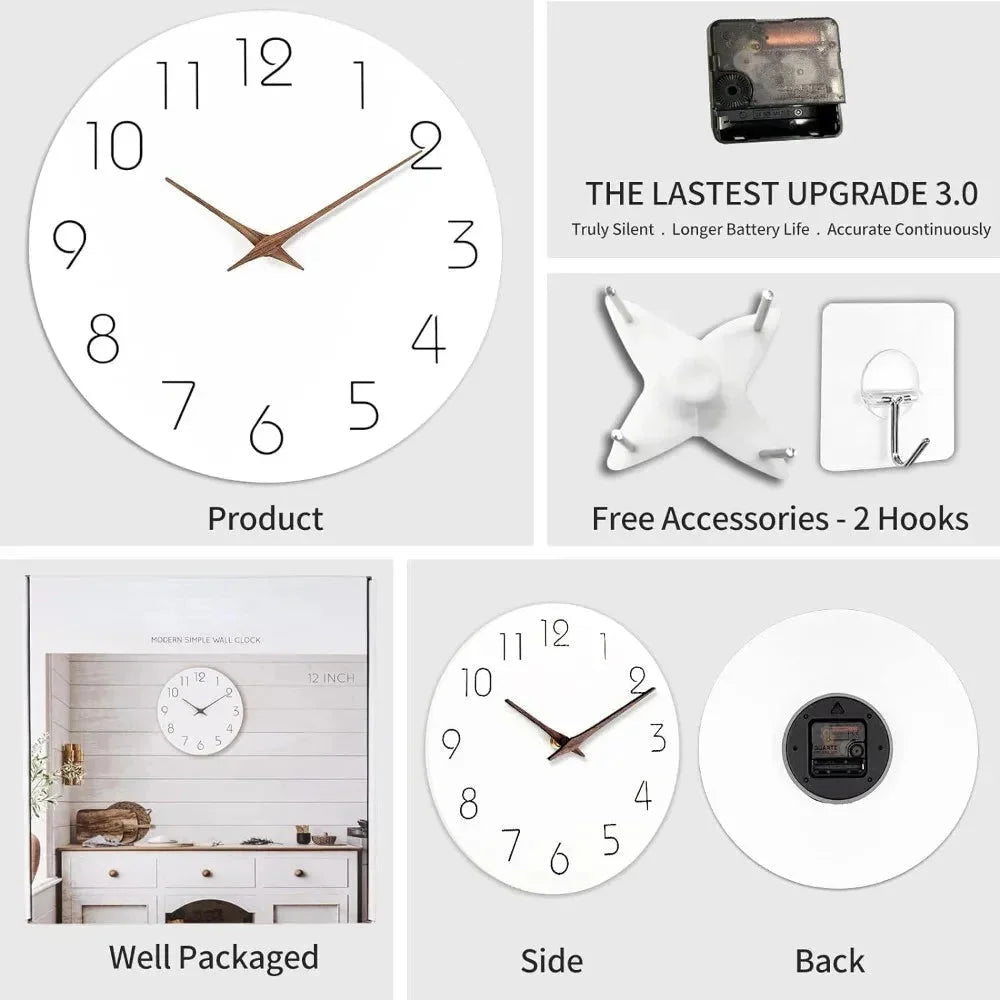 Text image: collage of the clock, the movement, two wall hooks, the box, and side and back views