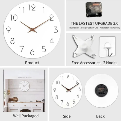Text image: collage of the clock, the movement, two wall hooks, the box, and side and back views