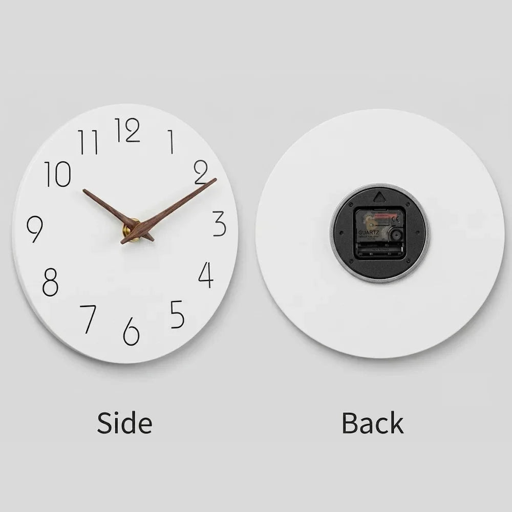 Text image: the clock from the side and from the back, showing the round battery movement