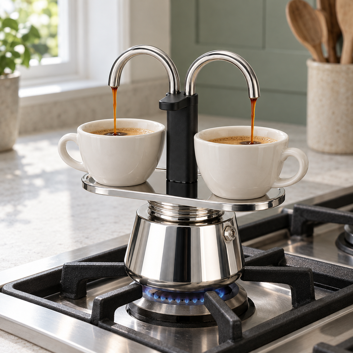 Mini stainless steel moka pot with two spouts brewing coffee into two small cups on its tray, over a small gas flame