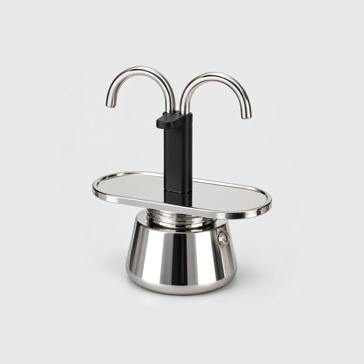 Mini moka pot with a dual spout, black center column and polished stainless steel base and cup tray, on a light gray background