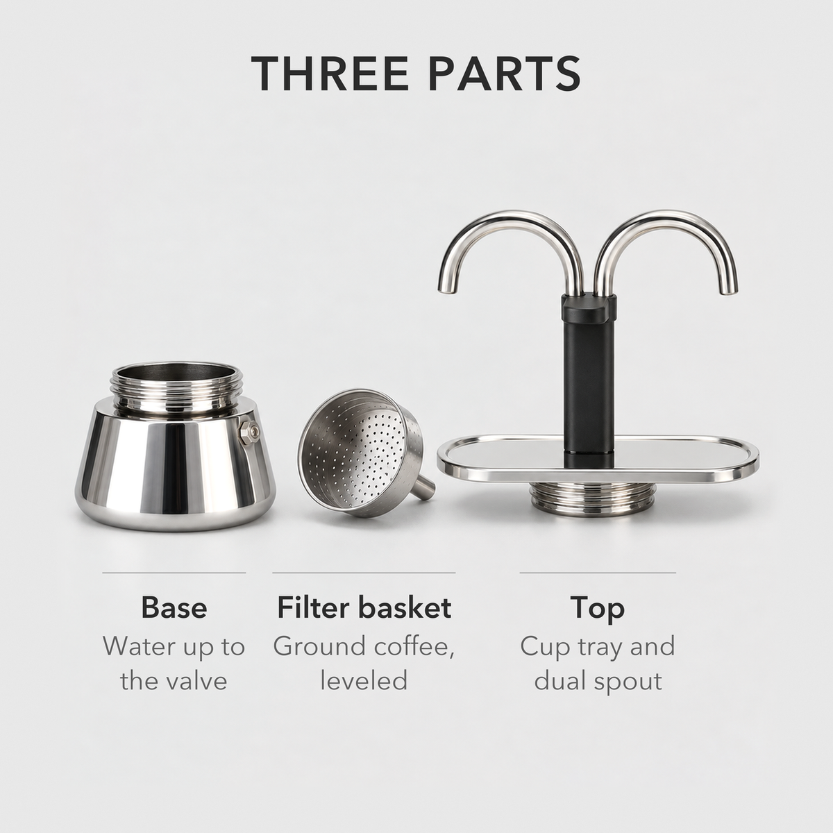 Mini moka pot taken apart into its water base, filter basket and top with cup tray and dual spout