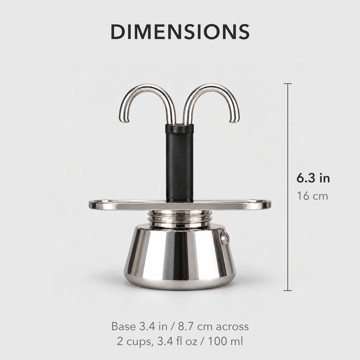 Dimensions of the mini moka pot: 6.3 inches tall, 3.4 inches across the base