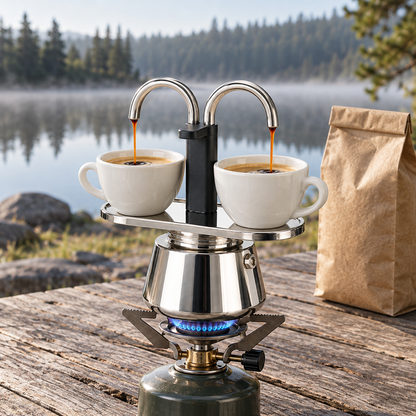 Mini moka pot brewing two espressos on a small camping stove on a picnic table by a lake