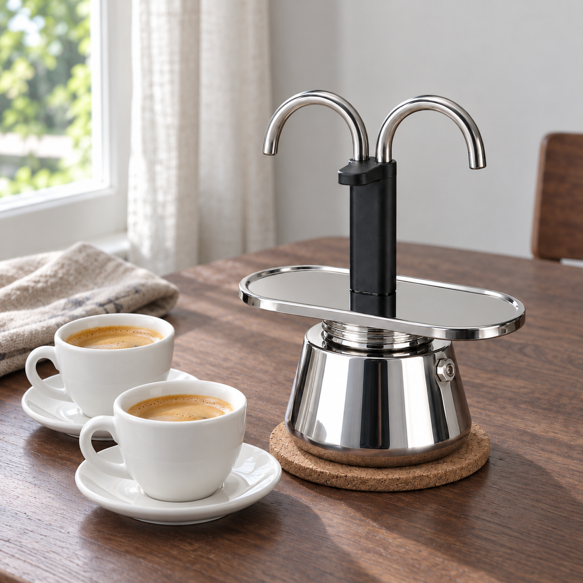 Mini stainless steel moka pot on a walnut table beside two small cups of espresso with crema