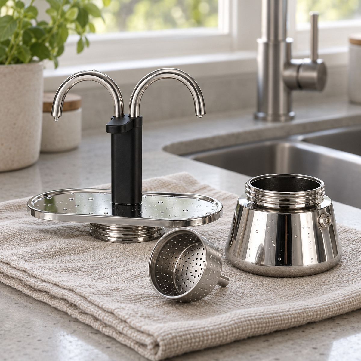 Mini moka pot taken apart into three pieces, drying on a linen towel beside a kitchen sink