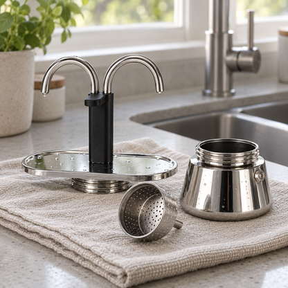 Mini moka pot taken apart into three pieces, drying on a linen towel beside a kitchen sink