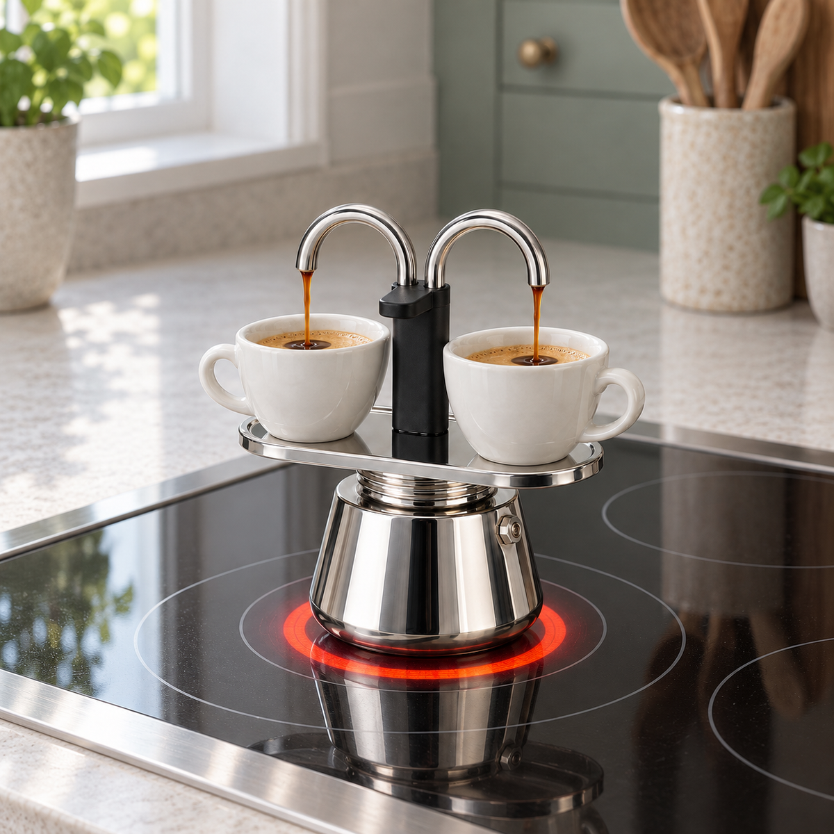 Mini stainless steel moka pot with two spouts brewing coffee into two small cups on its tray, on a glowing electric stovetop